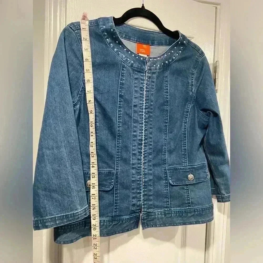 Hearts of Palm 3/4 Sleeve Rhinestone Crew Neck Denim Jacket Hook Loop Size 6 - Picture 5 of 10